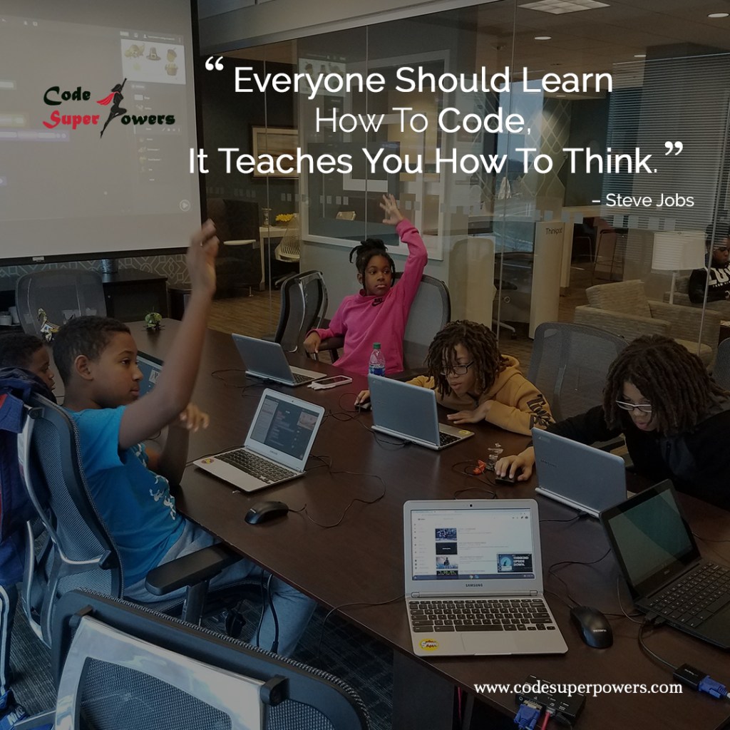A group of diverse, underserved youth sitting confidently in a corporate boardroom, collaborating on tech solutions with laptops and whiteboards. The scene highlights work-based learning, teamwork, and innovation in a professional setting.